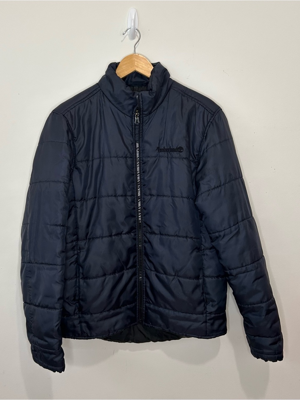 Timberland Men's Navy Blue Quilted Lined Full Zip Puffer Bomber Jacket Medium